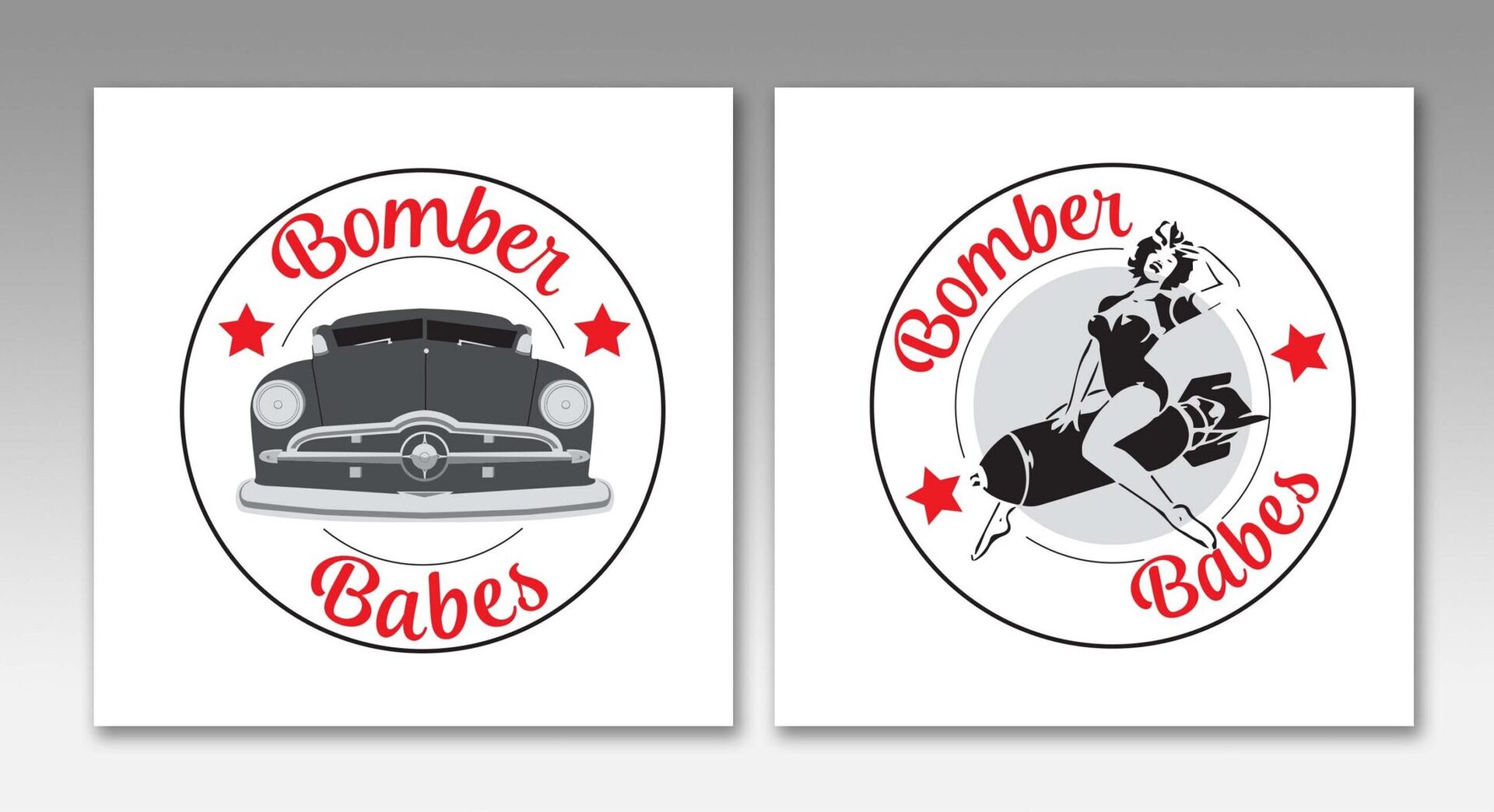 Bomber Babes vintage pin-up and hot-rod logo system in red, black, and white
