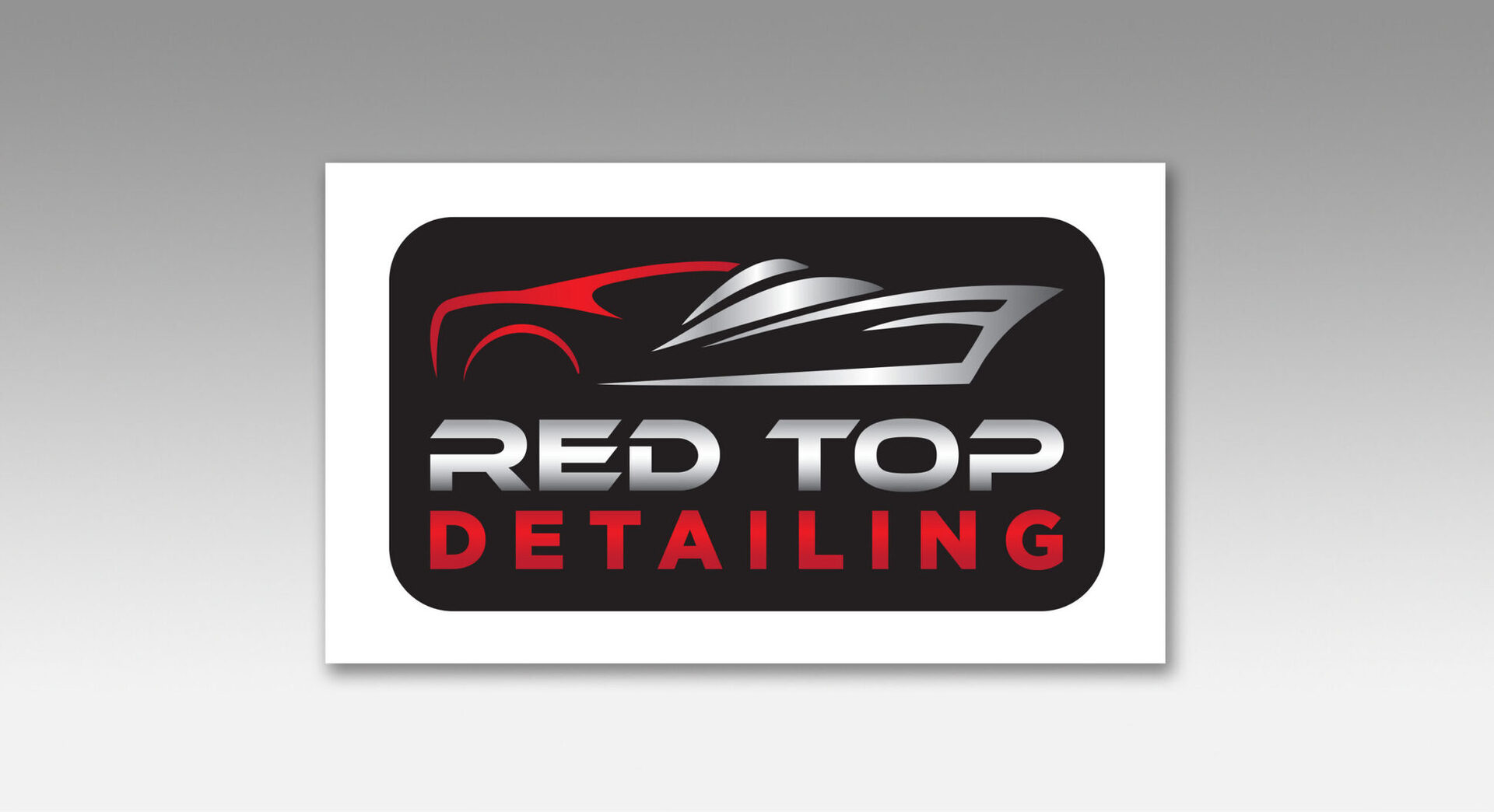 Red Top Detailing logo with chrome vehicle silhouette and red accent type on black