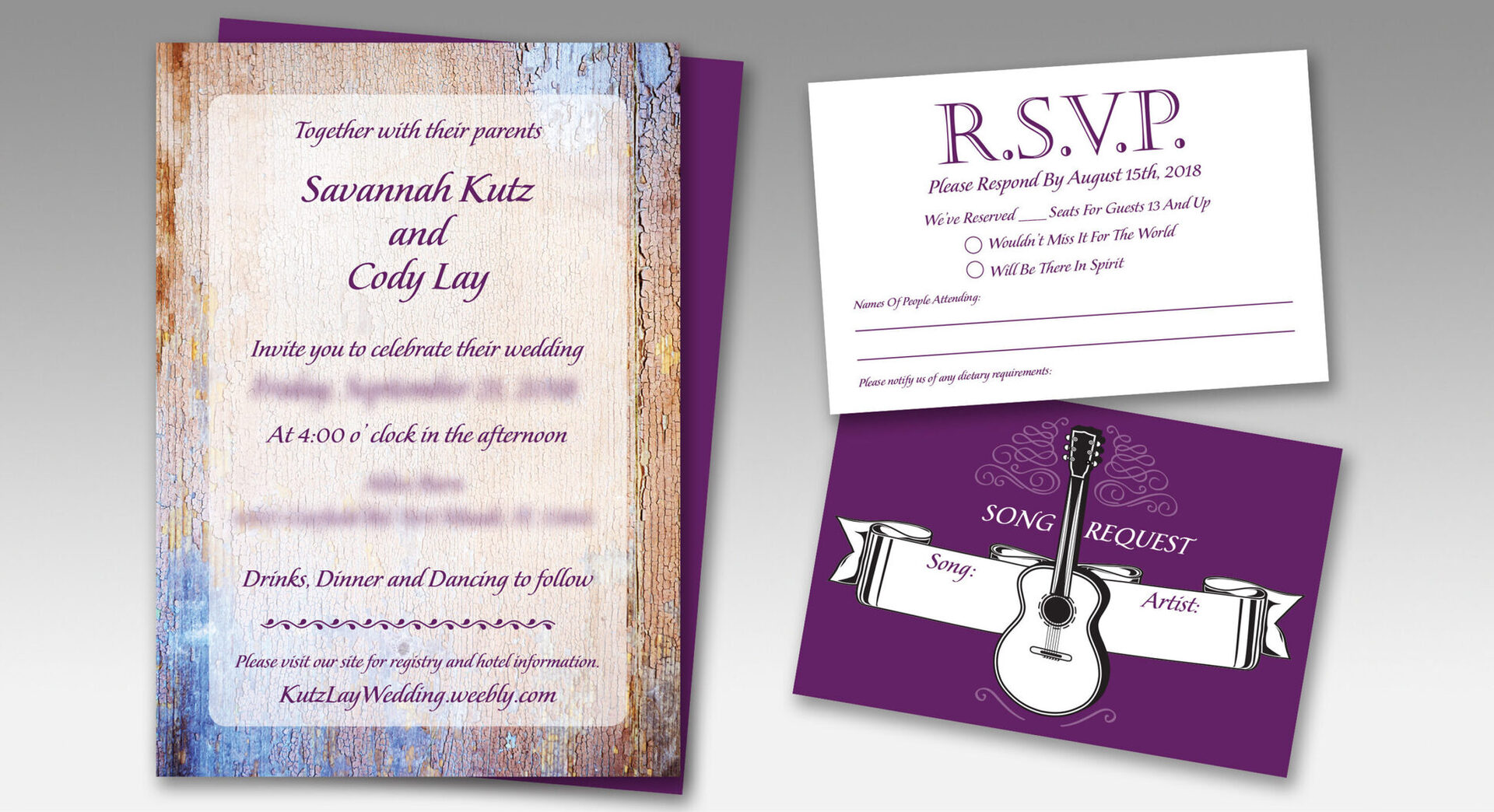 Kutz Lay wedding invitation suite with rustic wood-grain invite, RSVP card, and song-request card