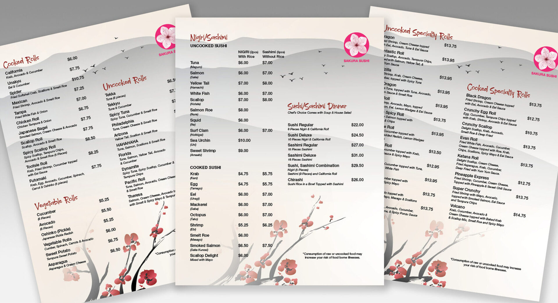Sakura Sushi three-sheet printed menu with cherry-blossom artwork